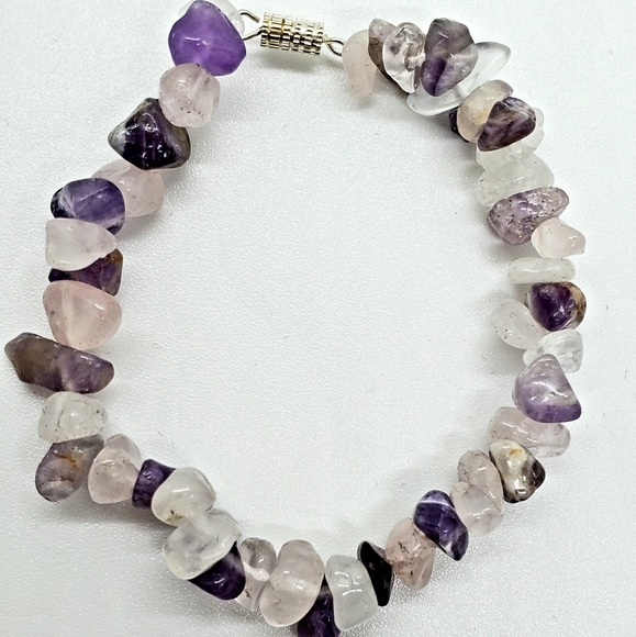Women Amethyst, Rose and Clear Quartz Elastic Bracelet with Clasp - Picture 2 of 2